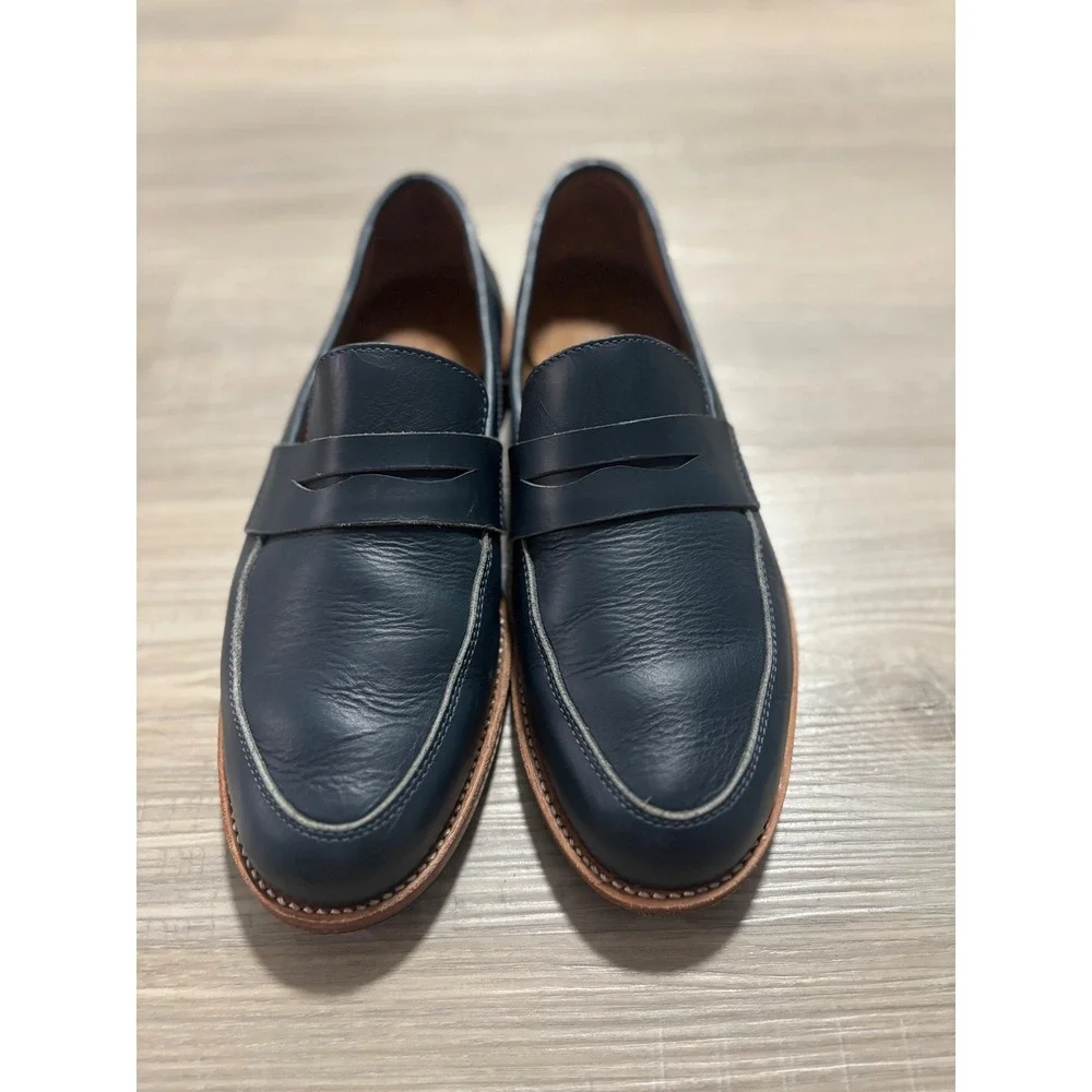 Adelante Shoe Co Mendoza Navy Blue Leather Penny Loafers Mens 10 D Handcrafted